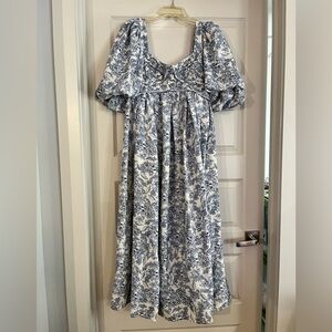Zoco Gala Blue and White Fruit Floral Puff Sleeve Midi Dress
